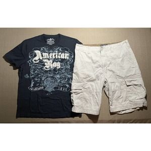 American Rag Men's Outfit Size 34 Cargo Shorts, Large Tee Shirt White Black